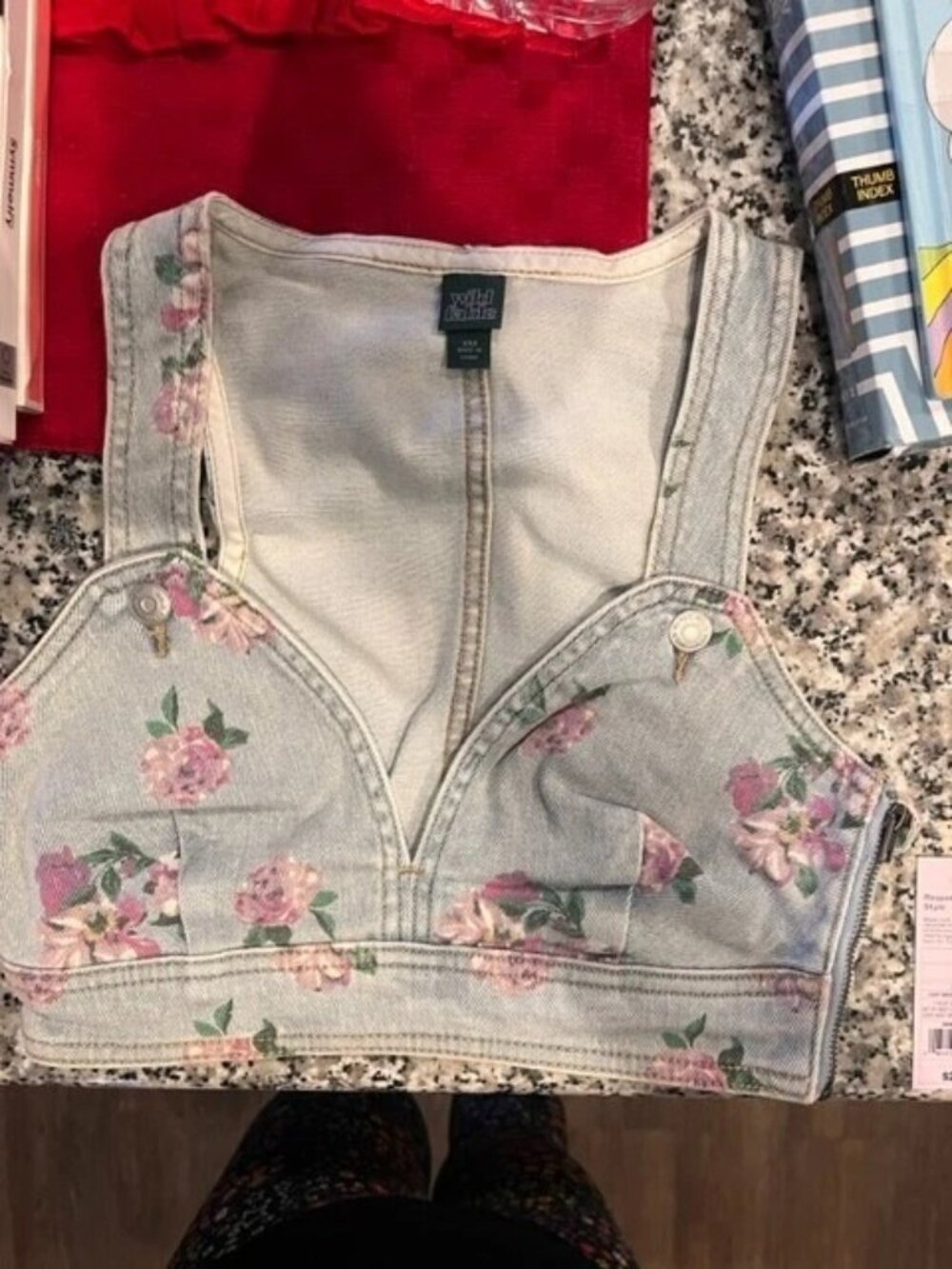 Wild Fable Women's Cropped Denim Vest Light Wash Floral Size XXS